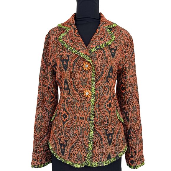 An Ren NY Womens Jacket M Paisley Jacquard Flower Artsy Old Money Uptown Chic - Picture 2 of 16